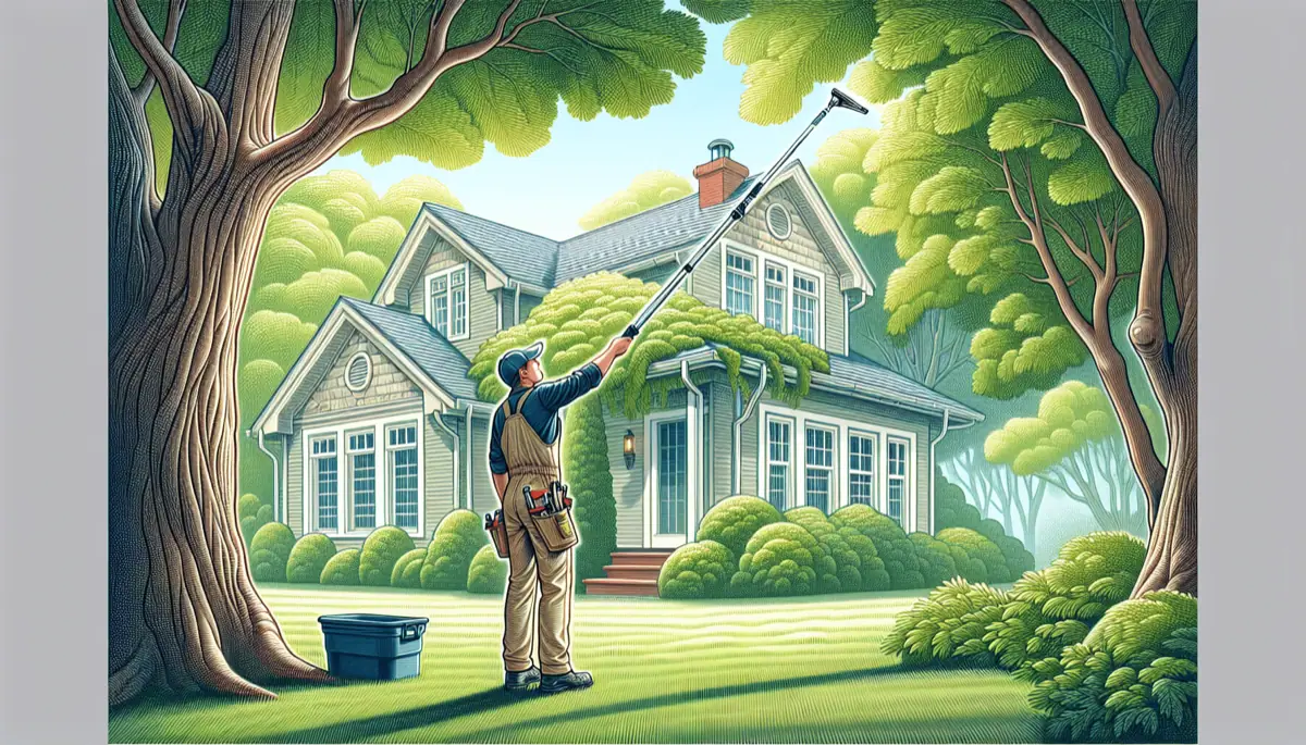An illustration depicting safe methods to clean gutters without climbing, featuring a telescopic pole in action.