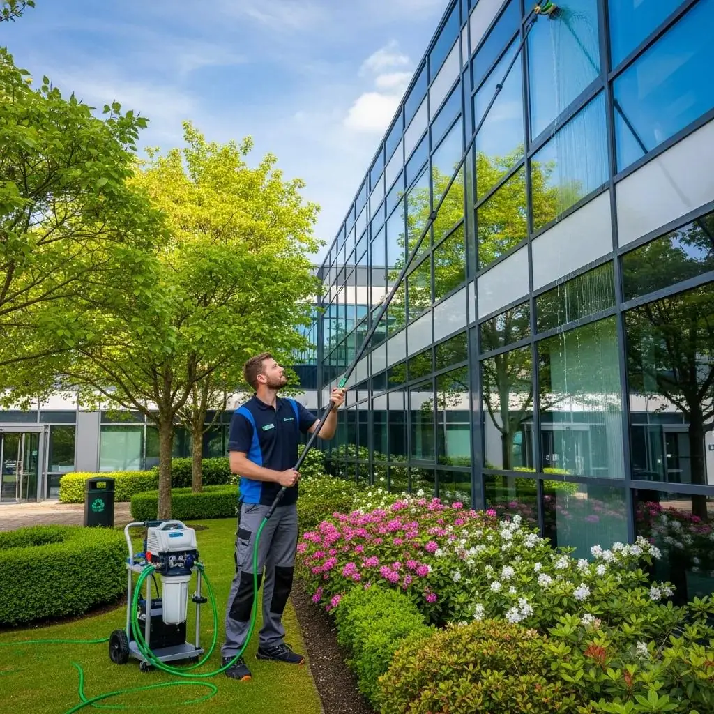 Professional using eco-friendly cleaning methods on commercial windows