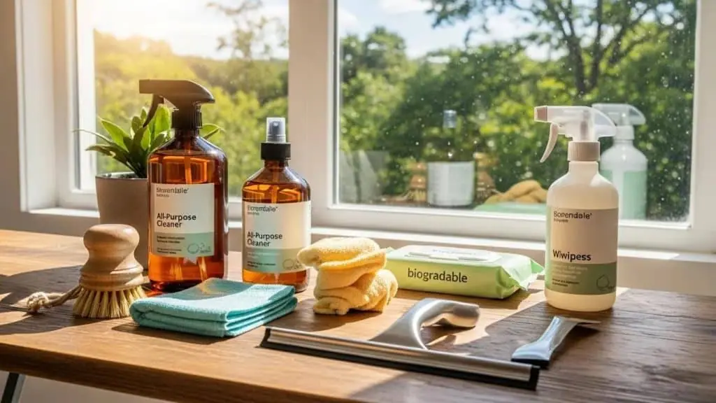 Eco-friendly cleaning bottles, cloths and a brush arranged on a sill beside a sunlit window