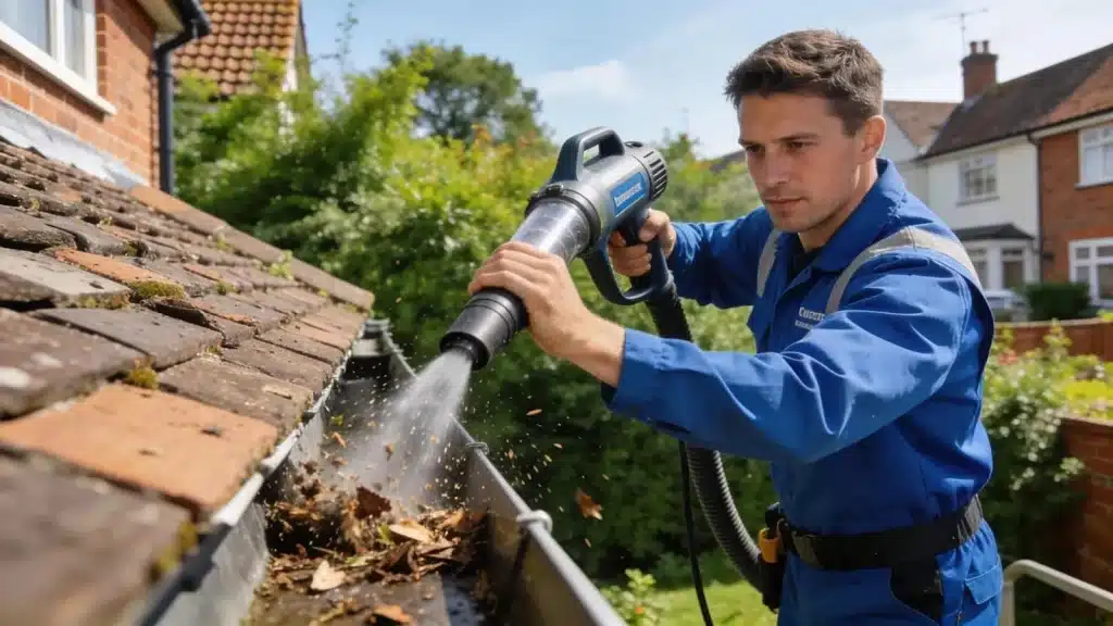 Gutter cleaning in Kent UK with a professional using a vacuum to clear debris