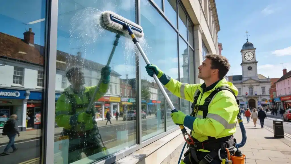 Professional window cleaner servicing commercial building windows in Maidstone, UK, showcasing effective cleaning techniques
