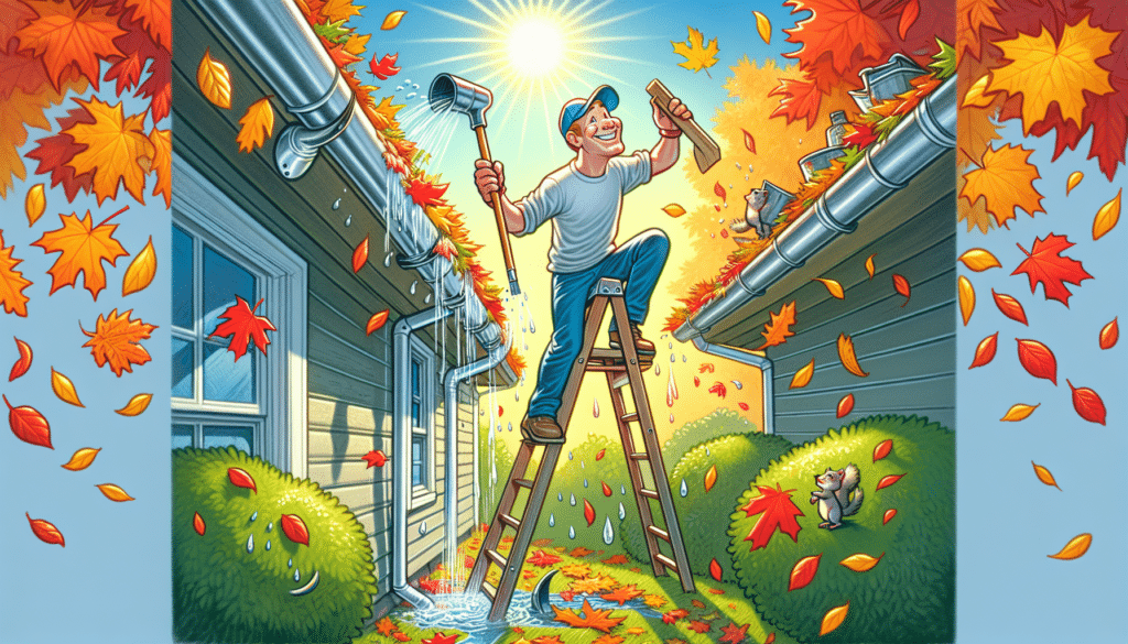 An illustration showing a person performing regular gutter maintenance to stop leaves in gutters.