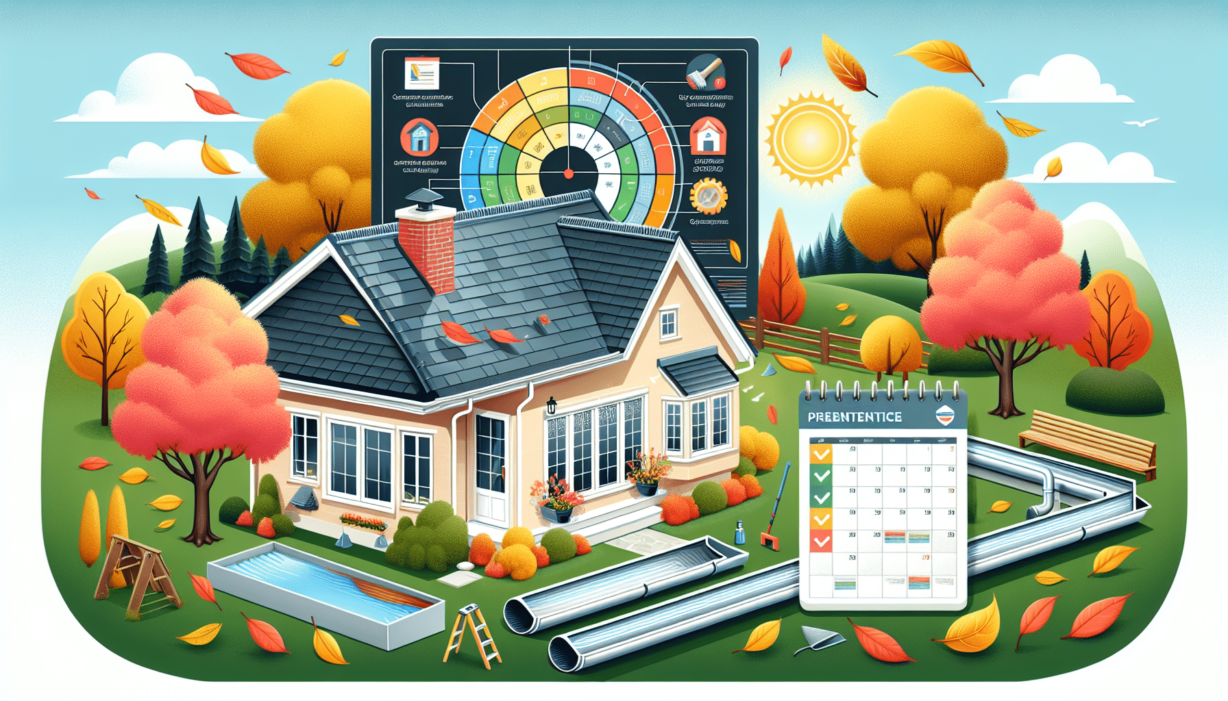 An illustration showing preventive measures to avoid gutter clogs, including gutter guards and regular maintenance.