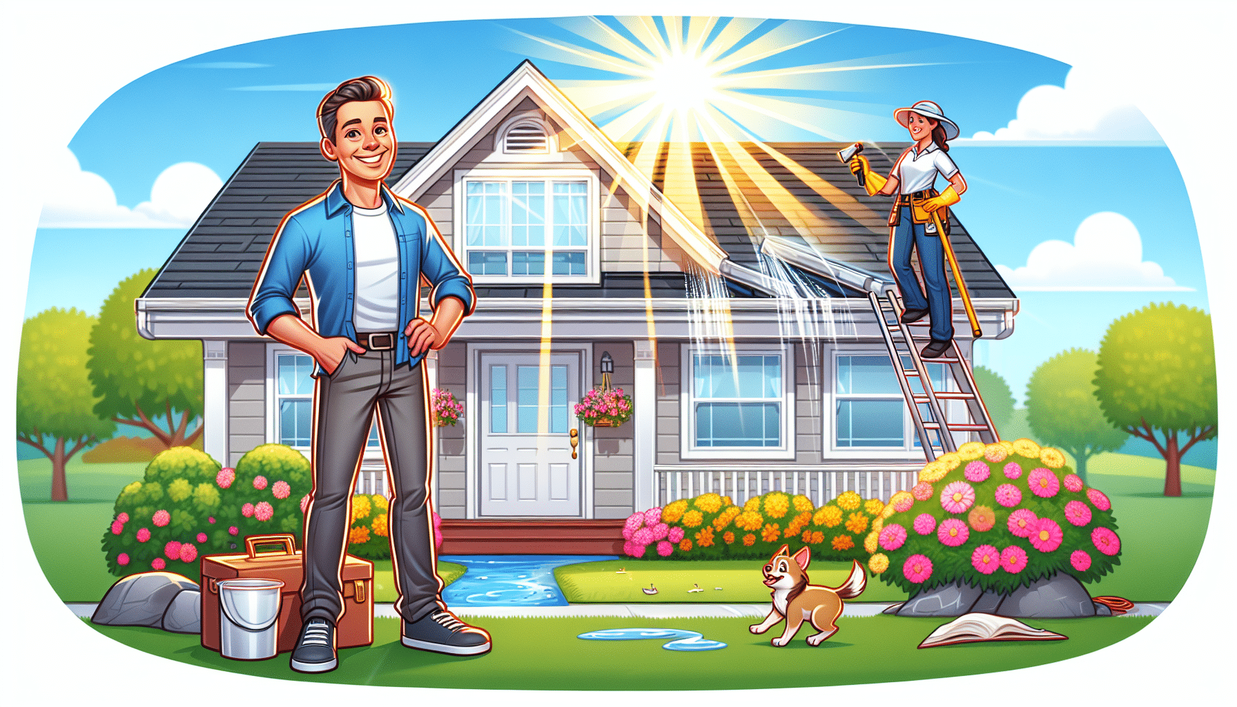 Illustration representing the clear view services for gutter cleaning needs, showing a satisfied customer.