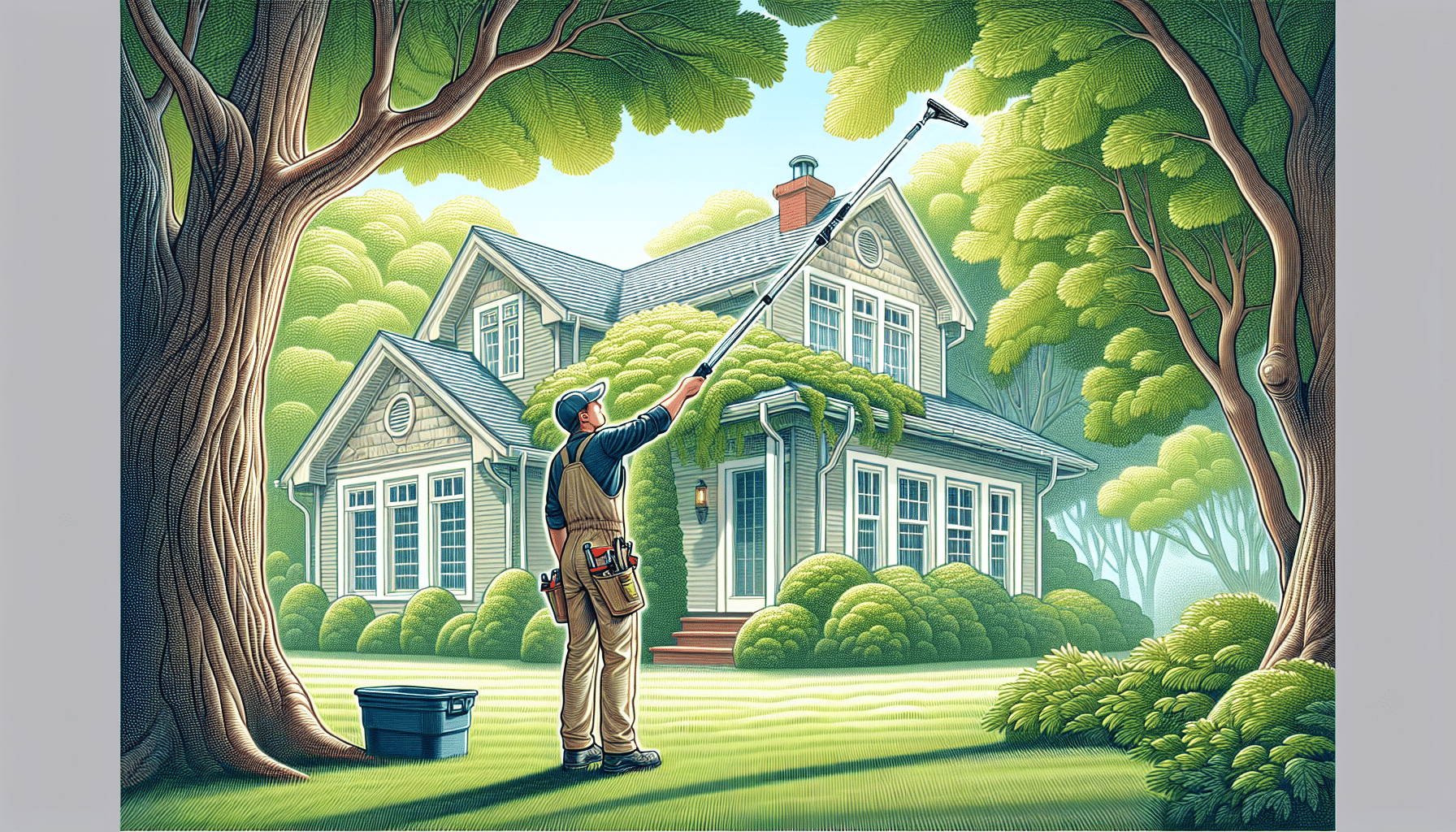 An illustration depicting safe methods to clean gutters without climbing, featuring a telescopic pole in action.