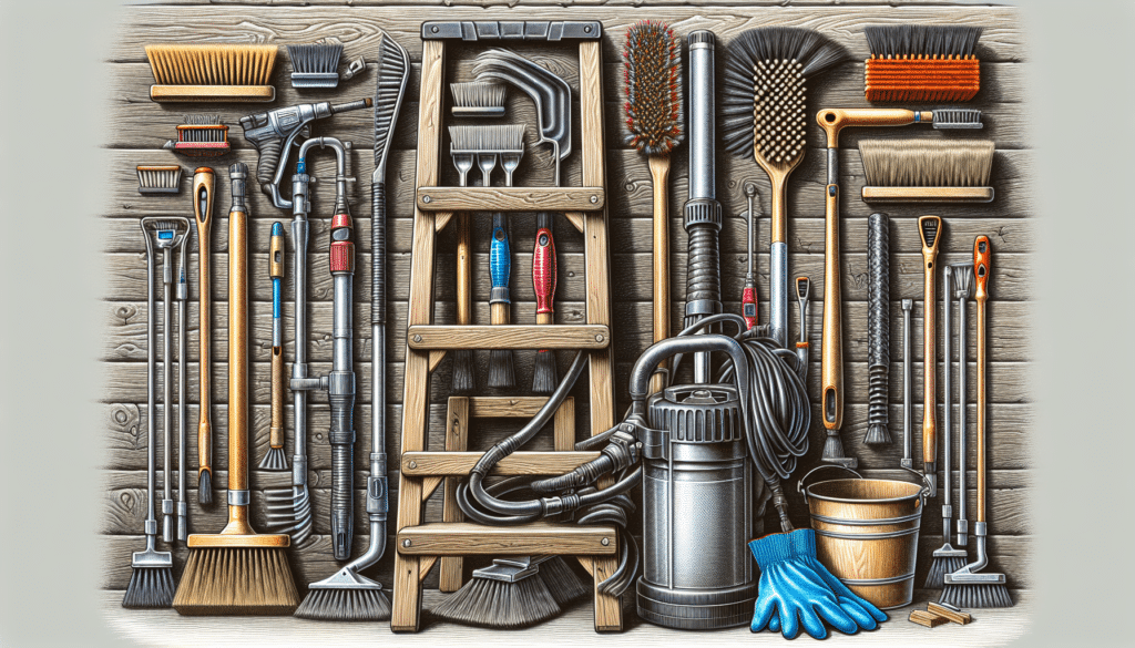 An illustration of various professional gutter cleaning tools used by service providers.