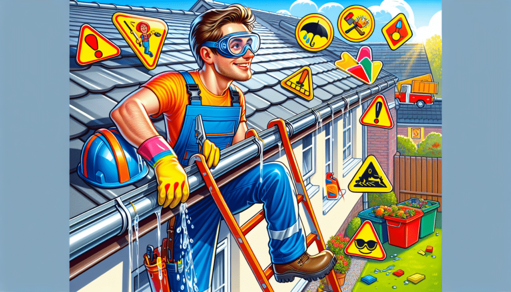 An illustration depicting safety tips for cleaning gutters.