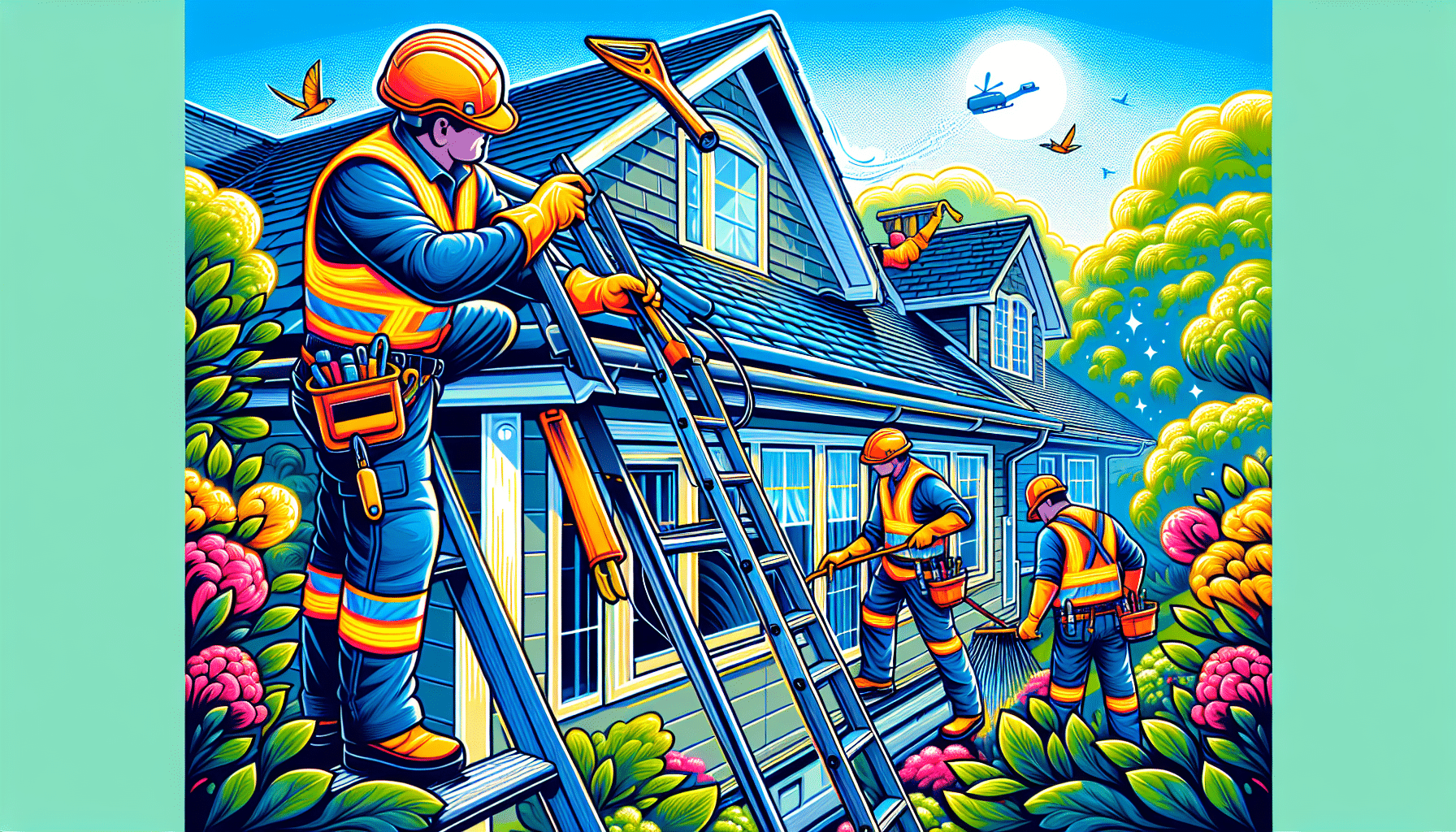 Illustration highlighting the benefits of professional gutter cleaning services, showcasing a team at work.