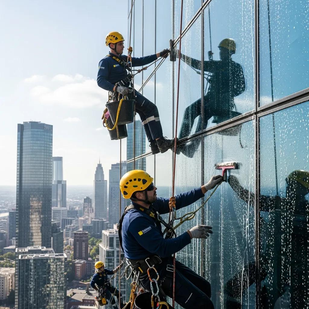 Commercial window cleaners using safety equipment on a high-rise building