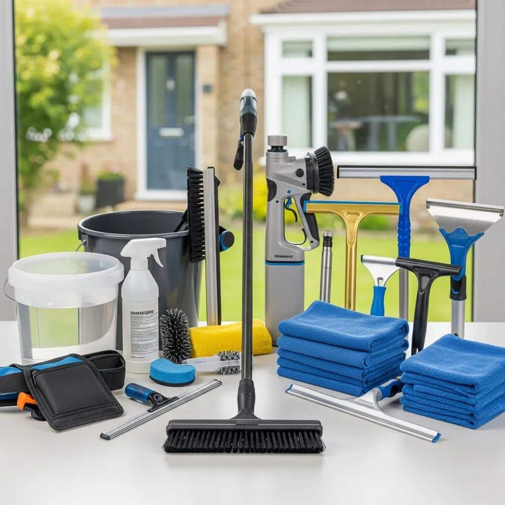 Essential tools for safe high window cleaning including water-fed pole and microfiber cloths