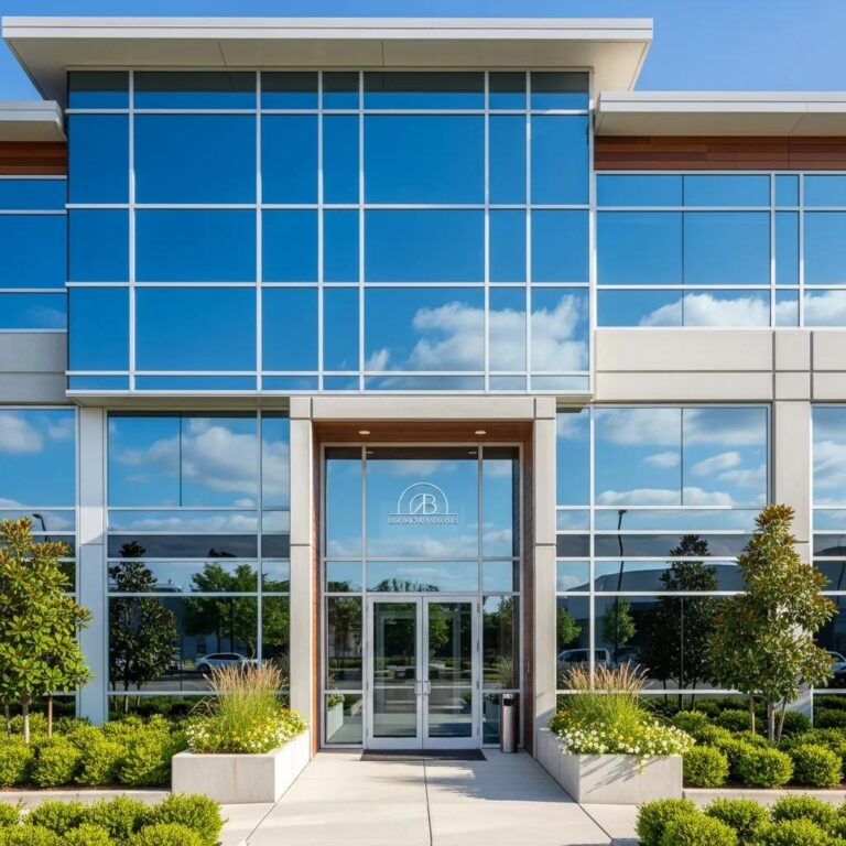 Modern commercial building with sparkling clean windows enhancing curb appeal