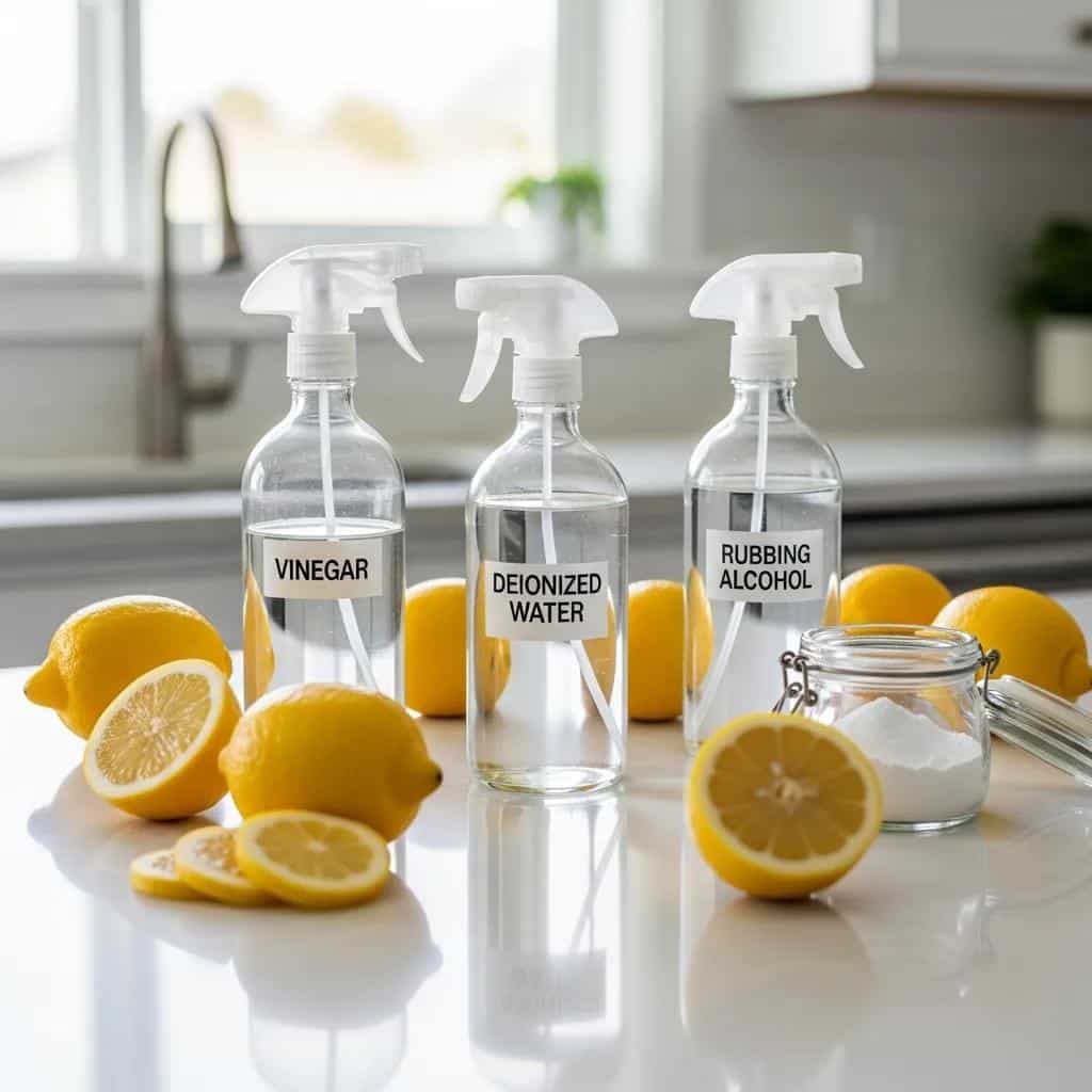 Natural ingredients for eco-friendly window cleaners including vinegar, water, and lemons