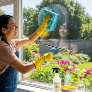 Person cleaning a window with eco-friendly solution, showcasing homemade cleaning methods