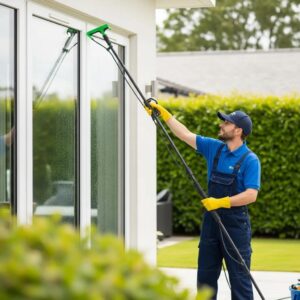 Person cleaning double glazed windows with eco-friendly methods, showcasing sparkling results