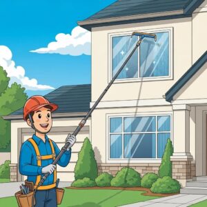 Person cleaning second floor windows safely with a water-fed pole system