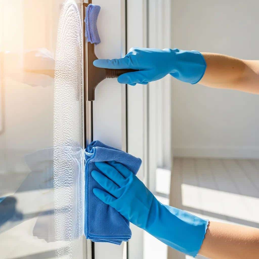 Person using a squeegee on a window, demonstrating effective cleaning techniques