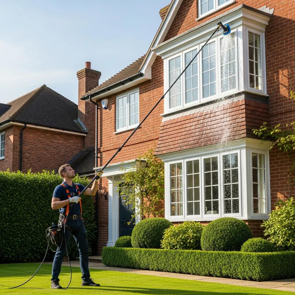 Professional window cleaner using a water-fed pole system on a residential building