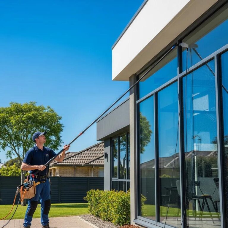 Professional window cleaner using water-fed pole on a commercial building