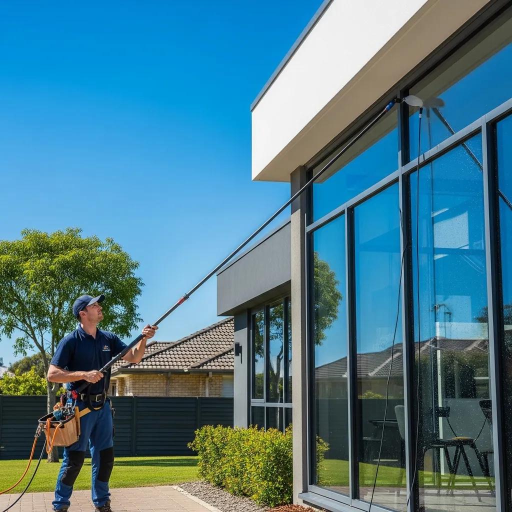 Professional window cleaner using water-fed pole on a commercial building