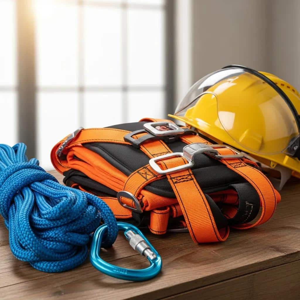 Safety equipment for high window cleaning including harnesses and helmets