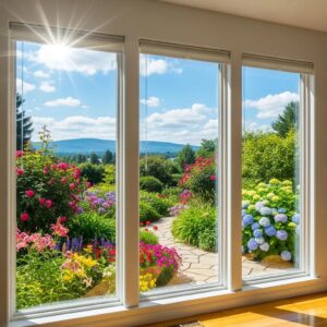 Sparkling clean windows reflecting sunlight with a beautiful garden view