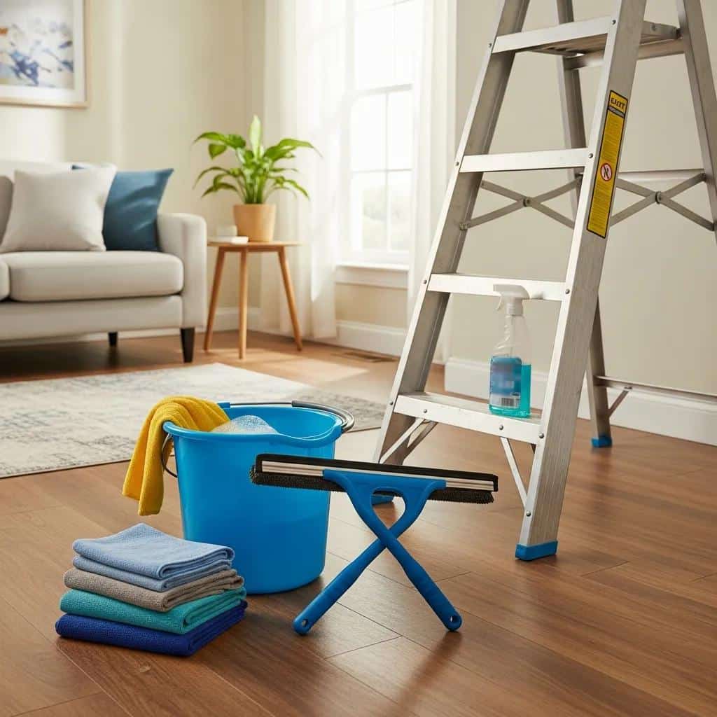 Standard tools for residential window cleaning including squeegees and buckets