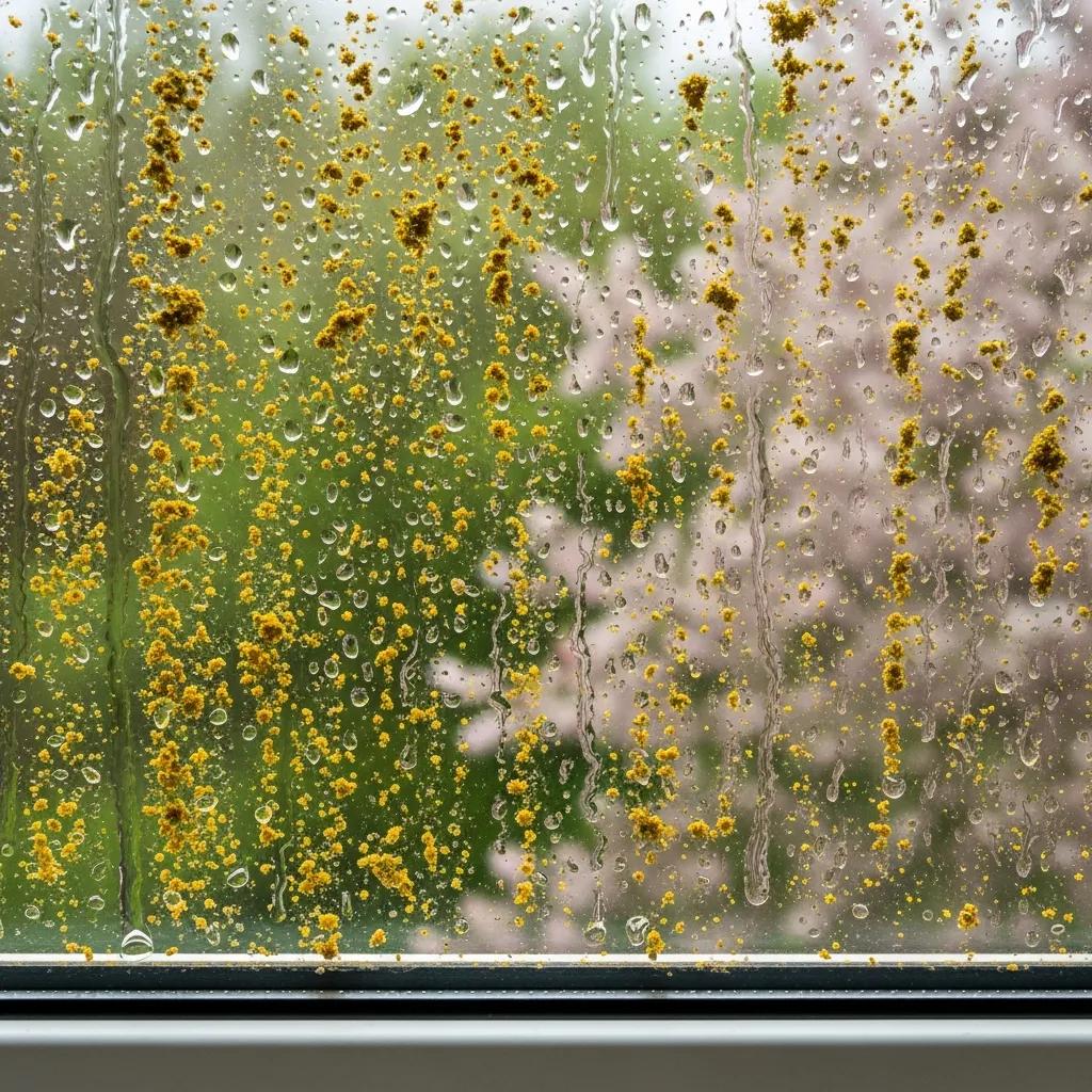 Window with pollen and raindrops illustrating spring cleaning challenges